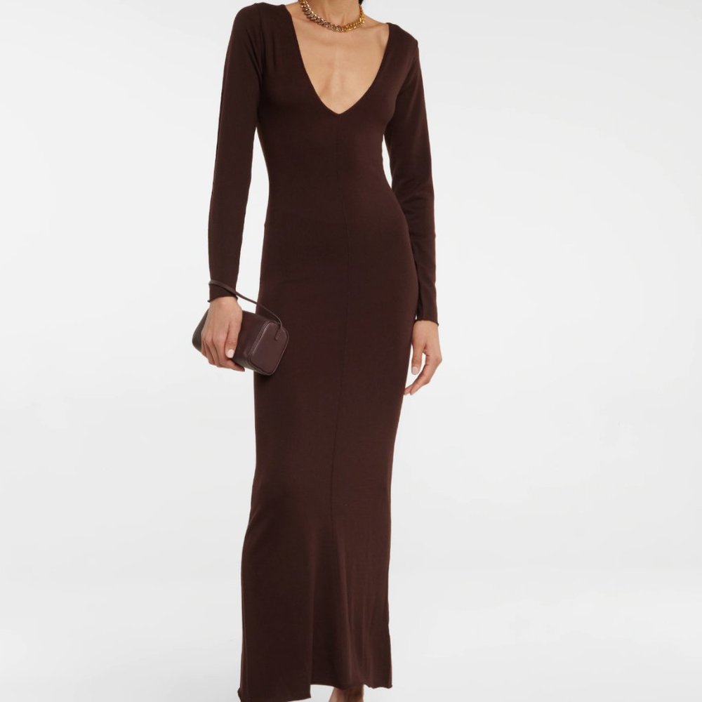 NWT KHAITE Petra Plunge V Wool Midi Brown Dress Medium $1074